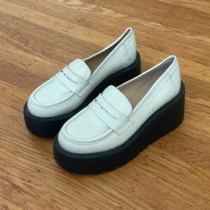 Platform Penny Loafers in Cream with Black Sole